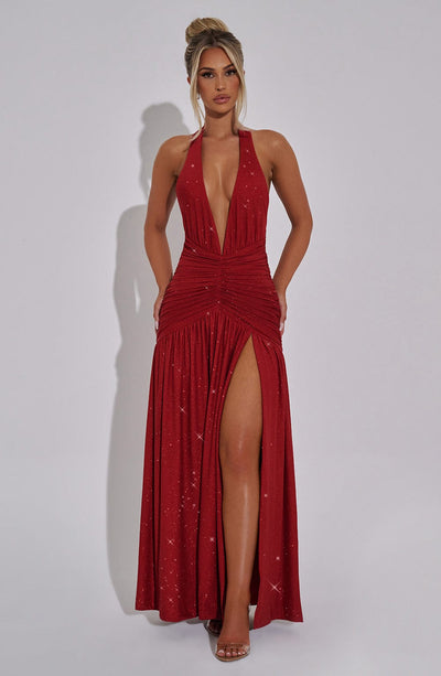 Women’s Evening Gown - Halter Neck - Deep V-Neck - Ruched Bodice - High Slit Maxi Dress