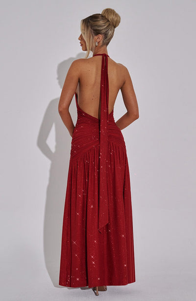 Women’s Evening Gown - Halter Neck - Deep V-Neck - Ruched Bodice - High Slit Maxi Dress
