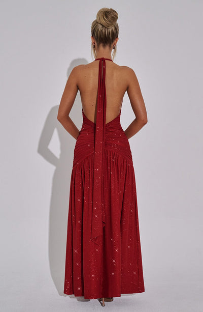 Women’s Evening Gown - Halter Neck - Deep V-Neck - Ruched Bodice - High Slit Maxi Dress