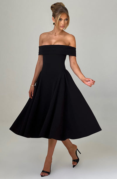 Women’s Midi Dress - Off Shoulder - A-Line Silhouette - Elegant Structured Fit