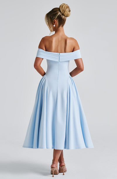 Women’s Midi Dress - Off Shoulder - Fitted Bodice - A-Line Skirt - Elegant Silhouette