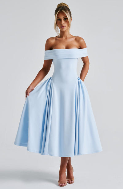 Women’s Midi Dress - Off Shoulder - Fitted Bodice - A-Line Skirt - Elegant Silhouette