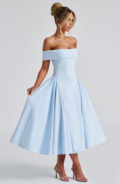 Women’s Midi Dress - Off Shoulder - Fitted Bodice - A-Line Skirt - Elegant Silhouette