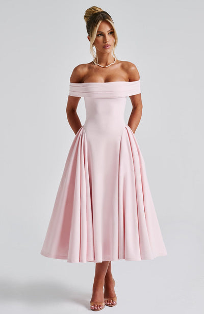 Women’s Midi Dress - Off Shoulder - Fitted Bodice - A-Line Skirt - Elegant Silhouette