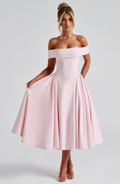 Women’s Midi Dress - Off Shoulder - Fitted Bodice - A-Line Skirt - Elegant Silhouette