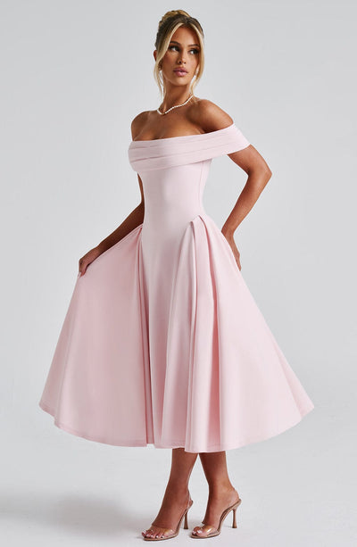 Women’s Midi Dress - Off Shoulder - Fitted Bodice - A-Line Skirt - Elegant Silhouette