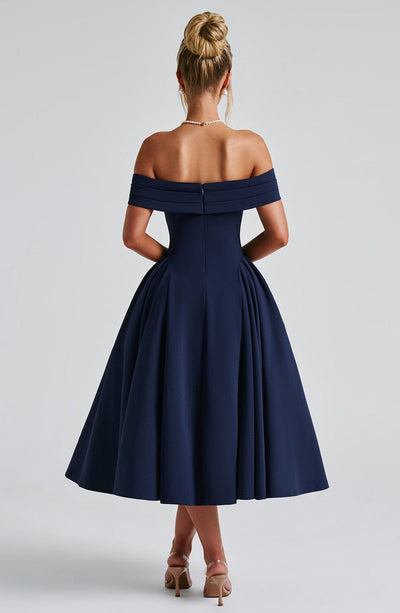 Women’s Midi Dress - Off Shoulder - Fitted Bodice - A-Line Skirt - Elegant Silhouette