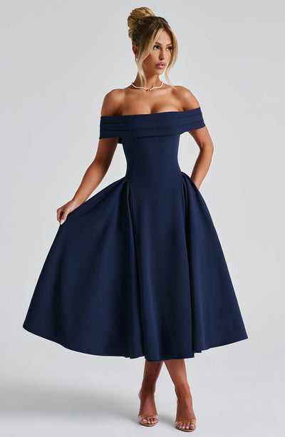 Women’s Midi Dress - Off Shoulder - Fitted Bodice - A-Line Skirt - Elegant Silhouette