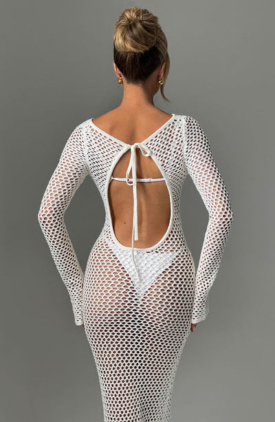 Women's Full-Length Crochet Dress - Sheer Mesh - Long Sleeve - Form-Fitting Beachwear