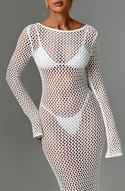 Women's Full-Length Crochet Dress - Sheer Mesh - Long Sleeve - Form-Fitting Beachwear