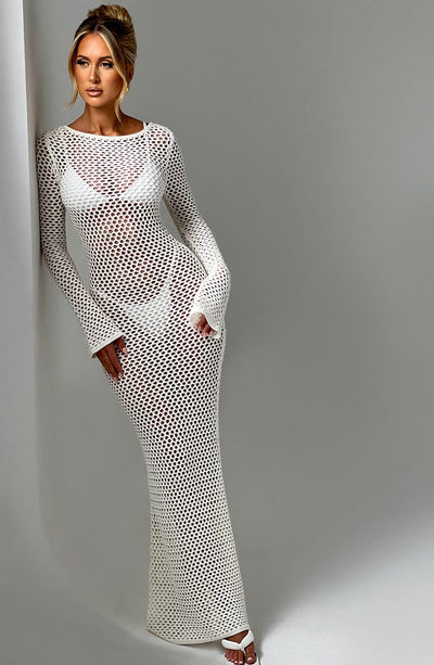 Women's Full-Length Crochet Dress - Sheer Mesh - Long Sleeve - Form-Fitting Beachwear