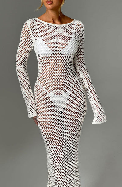 Women's Full-Length Crochet Dress - Sheer Mesh - Long Sleeve - Form-Fitting Beachwear