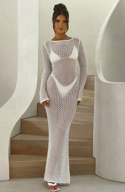Women's Full-Length Crochet Dress - Sheer Mesh - Long Sleeve - Form-Fitting Beachwear