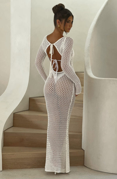 Women's Full-Length Crochet Dress - Sheer Mesh - Long Sleeve - Form-Fitting Beachwear