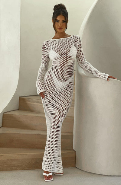 Women's Full-Length Crochet Dress - Sheer Mesh - Long Sleeve - Form-Fitting Beachwear