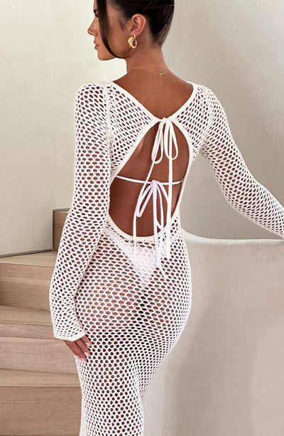 Women's Full-Length Crochet Dress - Sheer Mesh - Long Sleeve - Form-Fitting Beachwear
