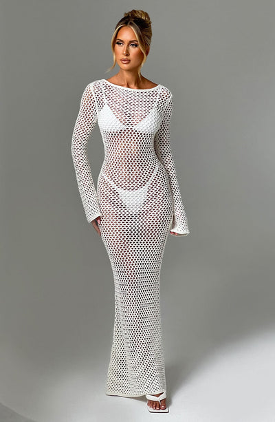 Women's Full-Length Crochet Dress - Sheer Mesh - Long Sleeve - Form-Fitting Beachwear