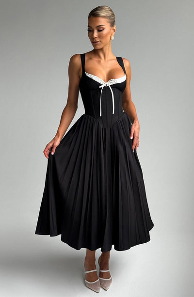 Women’s Midi Dress – Corset Bodice – Sweetheart Neckline – Pleated Skirt – Elegant Fit