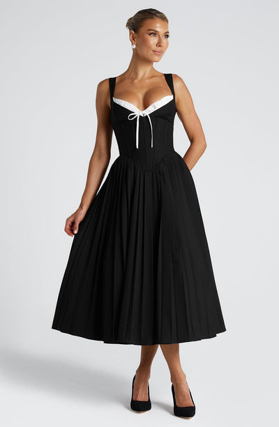 Women’s Midi Dress – Corset Bodice – Sweetheart Neckline – Pleated Skirt – Elegant Fit