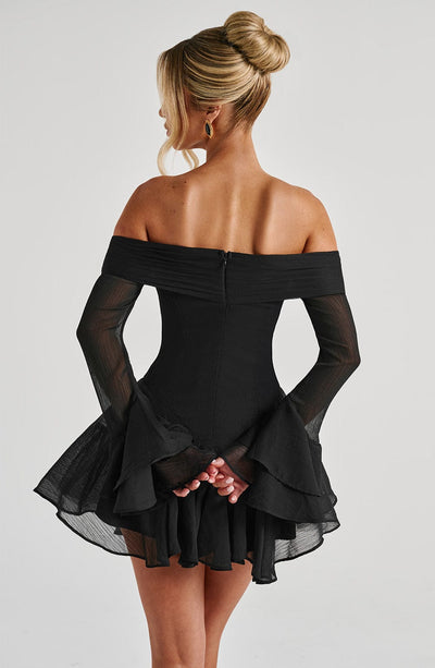 Women’s Mini Dress - Off Shoulder - Flared Skirt - Draped Sleeves - Fitted Bodice