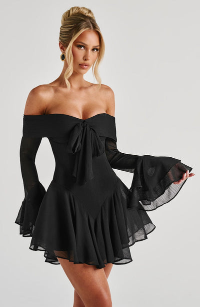 Women’s Mini Dress - Off Shoulder - Flared Skirt - Draped Sleeves - Fitted Bodice