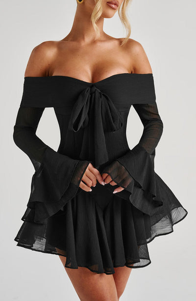 Women’s Mini Dress - Off Shoulder - Flared Skirt - Draped Sleeves - Fitted Bodice