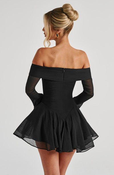 Women’s Mini Dress - Off Shoulder - Flared Skirt - Draped Sleeves - Fitted Bodice