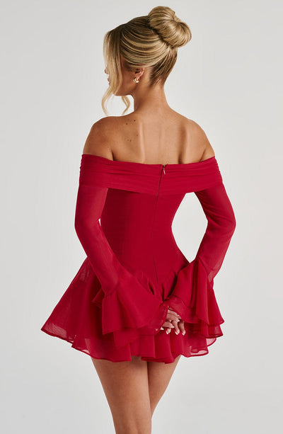 Women’s Mini Dress - Off Shoulder - Flared Skirt - Draped Sleeves - Fitted Bodice