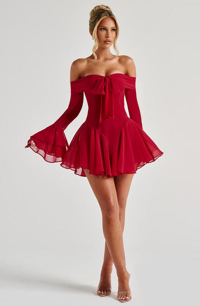 Women’s Mini Dress - Off Shoulder - Flared Skirt - Draped Sleeves - Fitted Bodice