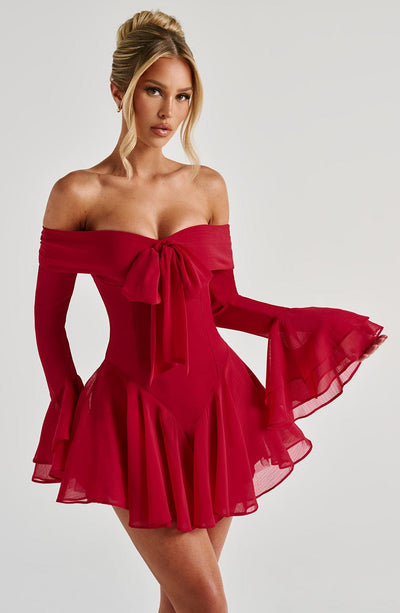 Women’s Mini Dress - Off Shoulder - Flared Skirt - Draped Sleeves - Fitted Bodice