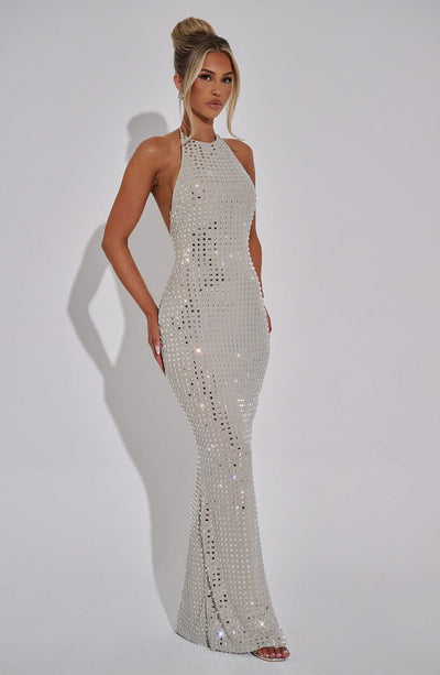 Women’s Evening Gown – Halter Neck – Floor Length – Sparkling Embellished – Bodycon Fit