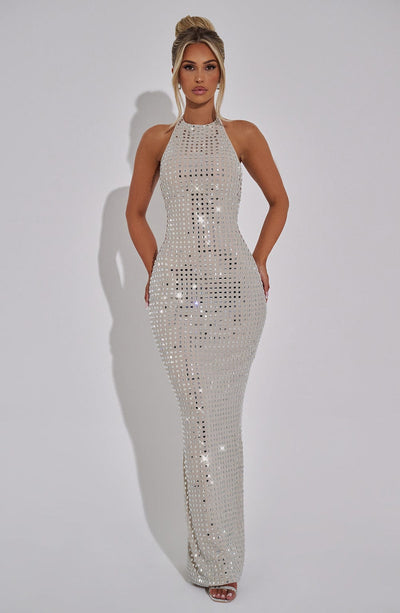 Women’s Evening Gown – Halter Neck – Floor Length – Sparkling Embellished – Bodycon Fit