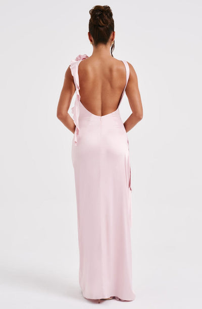Women’s Evening Gown - Sleeveless Fitted Bodice - High Slit - One-Shoulder Floral Detail