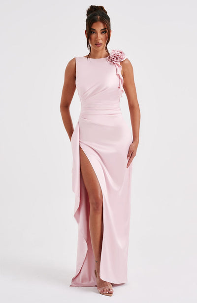 Women’s Evening Gown - Sleeveless Fitted Bodice - High Slit - One-Shoulder Floral Detail