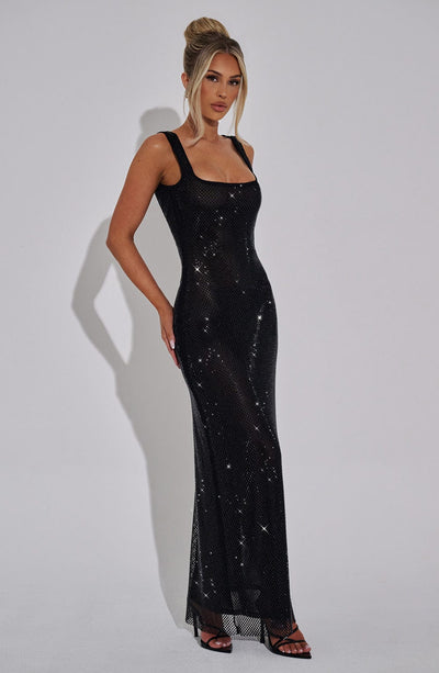 Women’s Maxi Dress – Fitted Silhouette – Square Neckline – Sequin Embellished Formal Wear