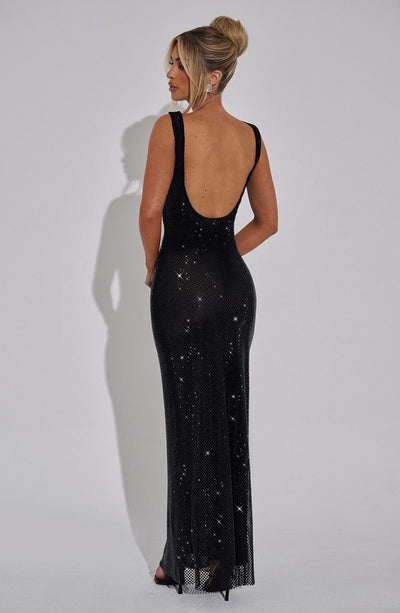 Women’s Maxi Dress – Fitted Silhouette – Square Neckline – Sequin Embellished Formal Wear