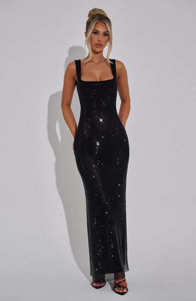 Women’s Maxi Dress – Fitted Silhouette – Square Neckline – Sequin Embellished Formal Wear