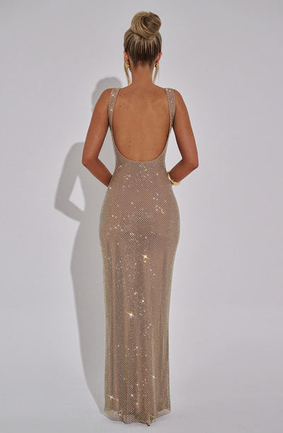 Women’s Evening Gown - Full Length - Sparkling Detail - Square Neck Elegant Fit