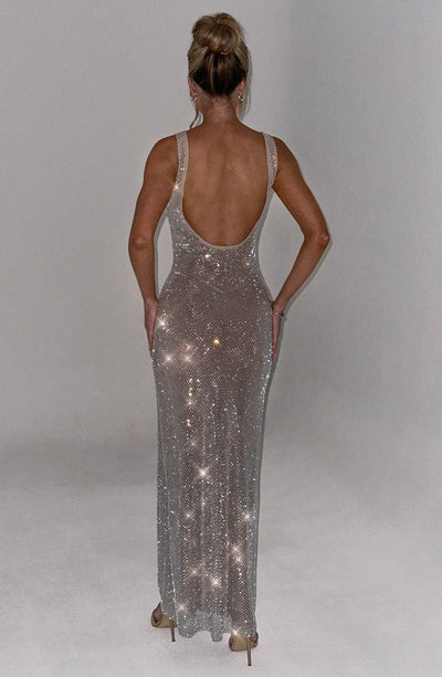 Women’s Evening Gown - Full Length - Sparkling Detail - Square Neck Elegant Fit