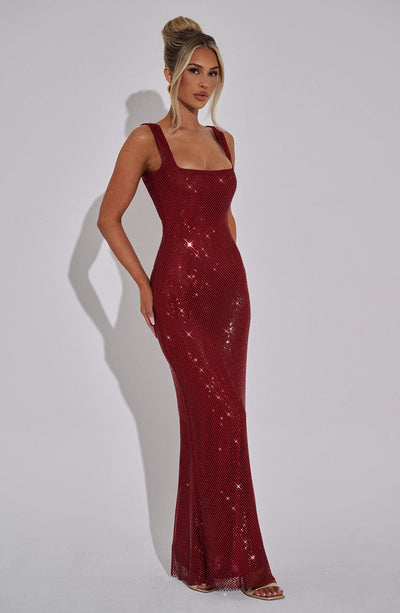Women’s Maxi Dress – Fitted Silhouette – Square Neckline – Sequin Embellished Formal Wear