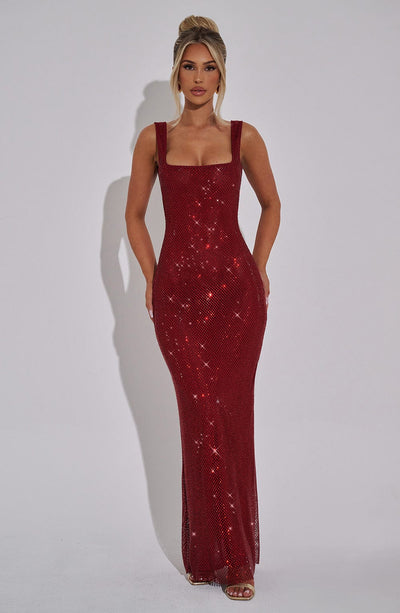 Women’s Maxi Dress – Fitted Silhouette – Square Neckline – Sequin Embellished Formal Wear