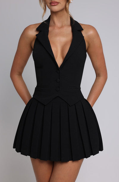 Women’s Blazer-Inspired Dress - Halter Neckline - Pleated Skirt - Sleeveless Fit