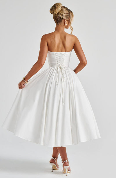 Women's Strapless Dress - Sweetheart Neckline - Bustier Bodice - Midi Length Elegant Fit