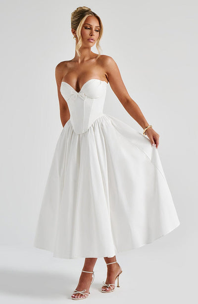 Women's Strapless Dress - Sweetheart Neckline - Bustier Bodice - Midi Length Elegant Fit
