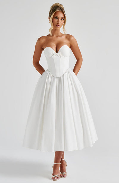 Women's Strapless Dress - Sweetheart Neckline - Bustier Bodice - Midi Length Elegant Fit