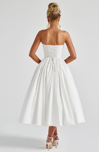 Women's Strapless Dress - Sweetheart Neckline - Bustier Bodice - Midi Length Elegant Fit