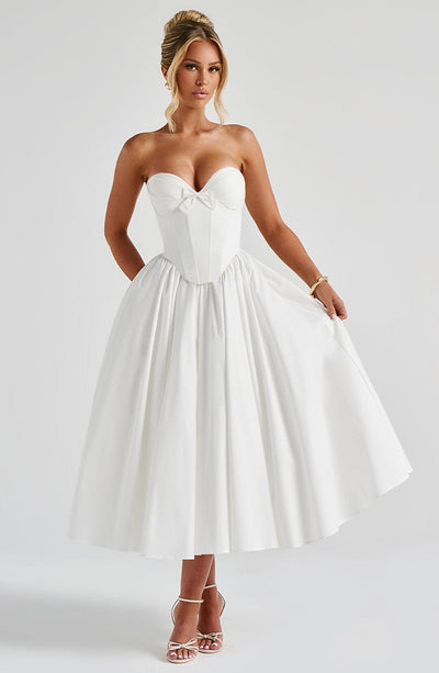 Women's Strapless Dress - Sweetheart Neckline - Bustier Bodice - Midi Length Elegant Fit