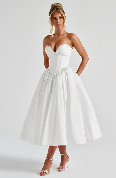 Women's Strapless Dress - Sweetheart Neckline - Bustier Bodice - Midi Length Elegant Fit
