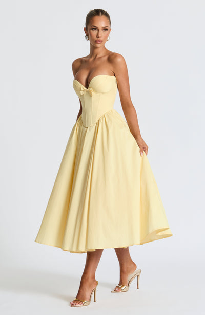Women’s Strapless Dress - Sweetheart Neckline - A-Line Midi - Fitted Corset Bodice