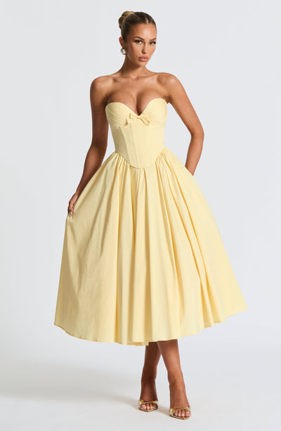 Women’s Strapless Dress - Sweetheart Neckline - A-Line Midi - Fitted Corset Bodice